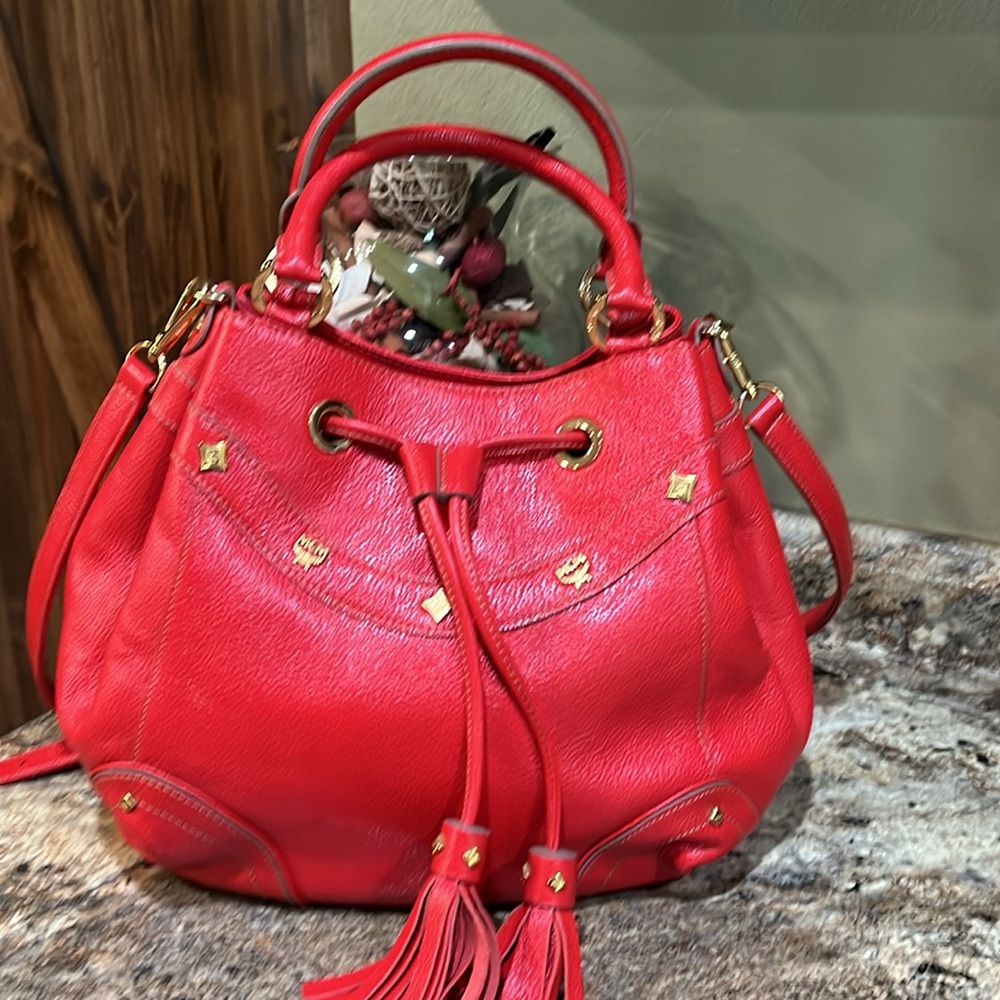 MCM EUC Grained Calfskin Studded Drawstring Bucket Bag Red